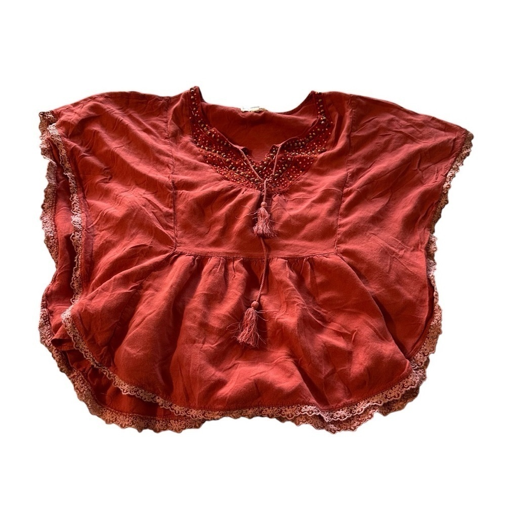Women's Red Blouse with Lace Trim